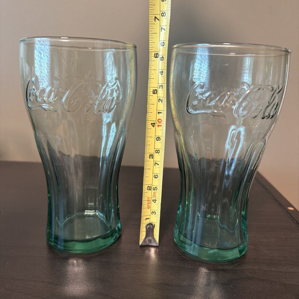 Coca-Cola Embossed Green Glasses w/ Blue/Green Base Soda Theme Set of 2 6”